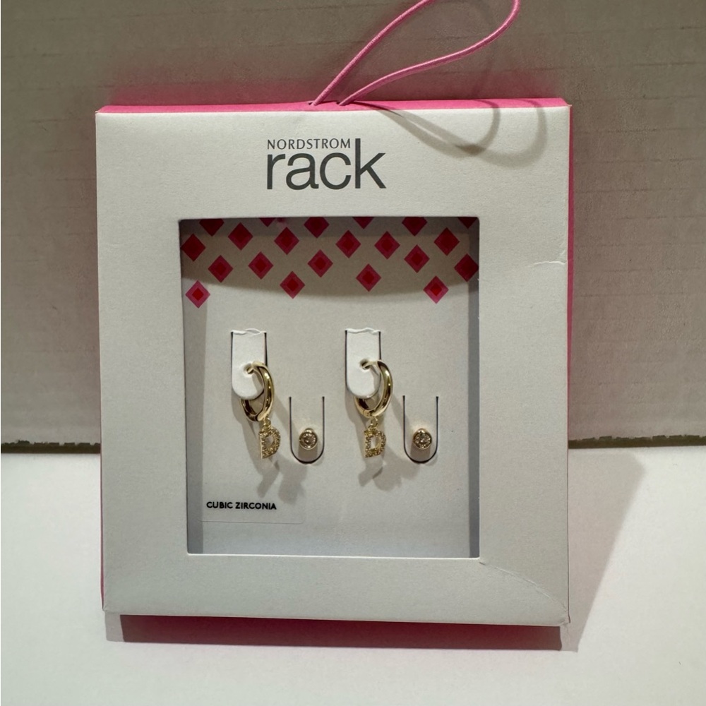 Nordstrom Rack Cubic Zirconia Gold Tone Huggie Hoops Initial “D” and CZ Studs